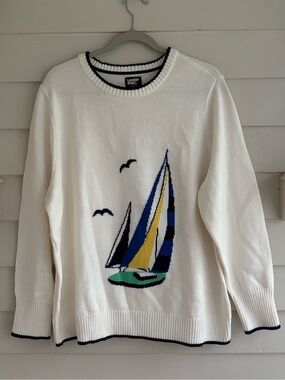 Lands' End Plus Size 2X Cotton Drifter Sailboat Crewneck Sweater Ivory NWT